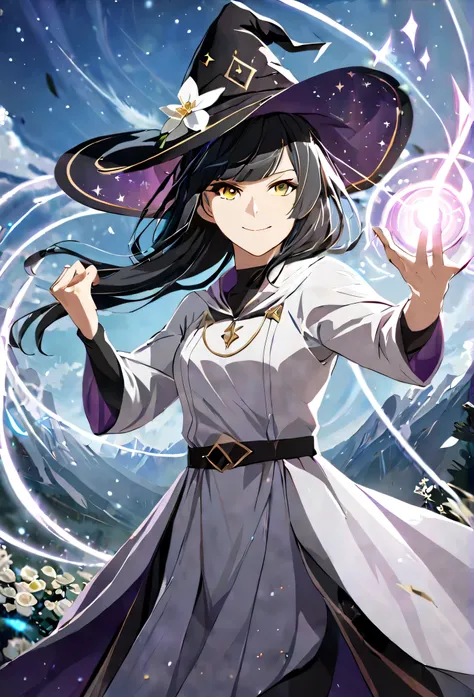 masterpiece,best quality, solo, eda, bangs, black hair, white clothes, white flower,blue sky,cloud, she was wearing witch outfit, mountains background, witch suit, white dress, witch hat, she is a cosmic witch, smiling, closed mouth, calm, confident , cool...