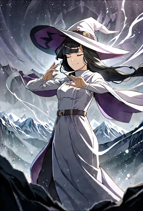 masterpiece,best quality, solo, eda, bangs, black hair, white clothes, mountains, high mountains,cloudy, mist she was wearing witch outfit, mountains background, witch suit, white dress, witch hat, she is a cosmic witch, smiling, closed mouth, calm, confid...