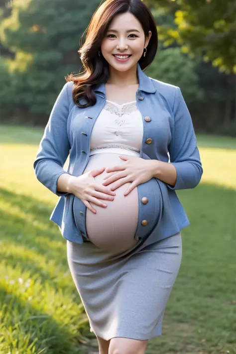 Mature and attractive woman、40 years old、1 person、bbw、Navy blue jacket, gray skirt、large boob、((pregnant))、A smile、​masterpiece、top-quality