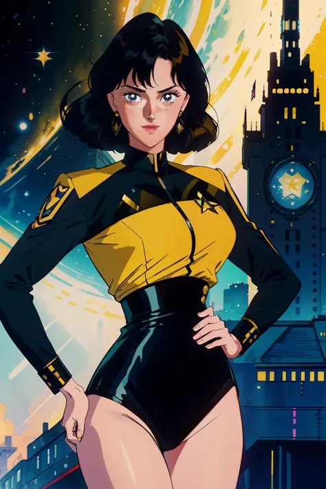 (Masterpiece), Close-up Portrait of a Gorgeous Woman in a Black and Yellow Star Trek Picard Uniform, Detailed Insignia, Long Black Sleeves, Black Chest, Yellow Shoulders, Lean Physique, No Accessories, Dark Eyes, Sculpted Face, Smile, Blush, Freckles, Wais...