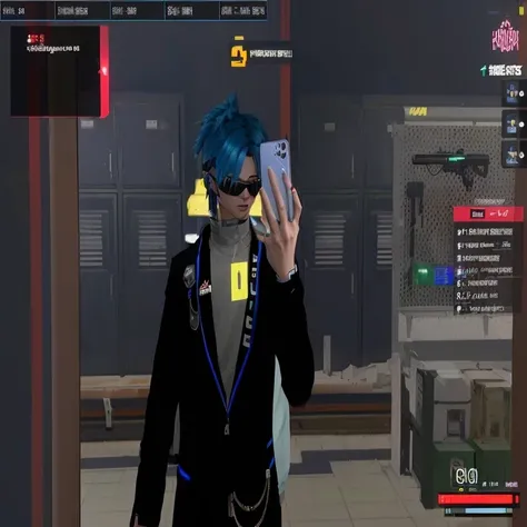 There was a man with blue hair and a black jacket holding a cell phone., Live2d virtual YouTuber model, In the game, In Cyberpunk 2077, WeChat, cyber glasses, Fashion Gameplay Screenshot, cyber style, cyber aesthetics, Virtual Identity, second life avatar,...