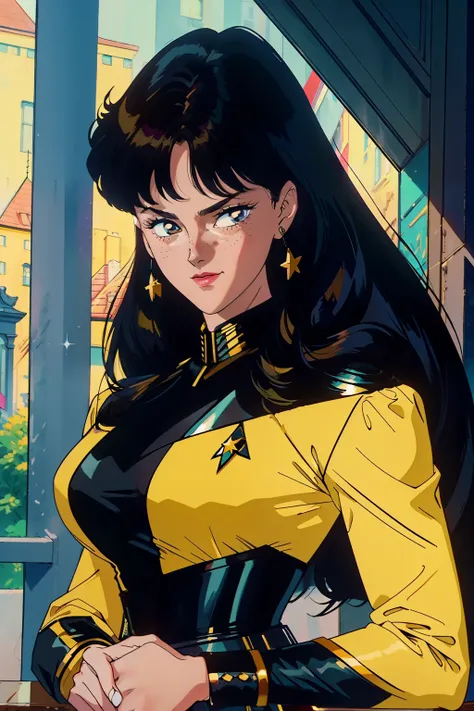 (Masterpiece), Close-up Portrait of a Gorgeous Woman in a Black and Yellow Star Trek Picard Uniform, Detailed Insignia, Long Black Sleeves, Black Chest, Yellow Shoulders, Lean Physique, No Accessories, Dark Eyes, Sculpted Face, Smile, Blush, Freckles, Wais...