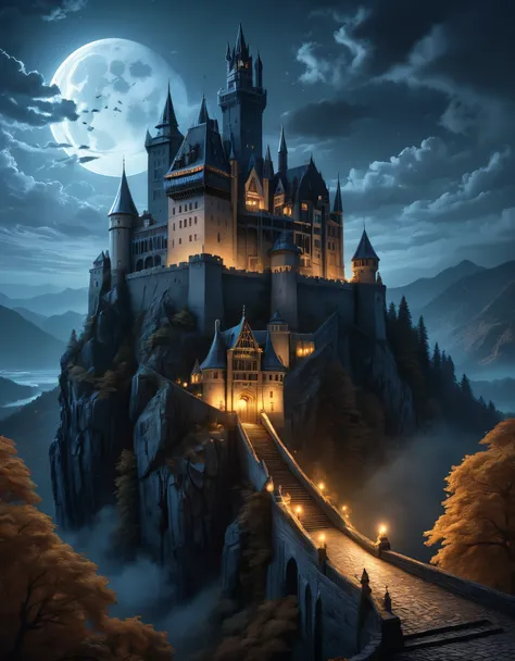 Illustrate a magical night scene at Draculas Castle, highlighting its mysterious nature. Incorporate subtle supernatural elements to enhance the chilling effect., sf, intricate artwork masterpiece, ominous, matte painting movie poster, golden ratio, trendi...