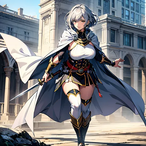 One Woman、young、Silver Hair、Short Hair、Yellow Eyes、Very large breasts、grinning mouth、Warrior、White Cape、Holding a sword、Full body portrait、front、Outdoor、western building background