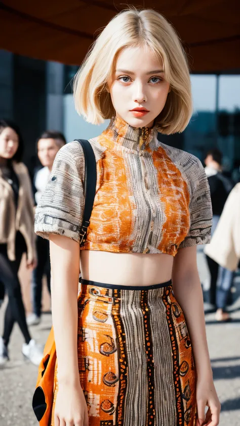 (Ultra-detailed eyes), (((textile shading))), (((Best Quality))), (((masterpiece))), (((Ultra realistic))), 45kg girl, light skin color,  sassy girl, chic girl, blonde hair,  futuristic hairstyle, orange Coated Long-line Coat, The orange Dots Print Top, Th...