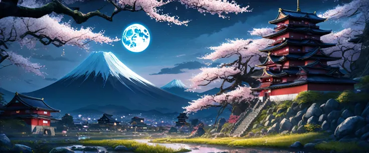 japanese land, sakura tree, japanese castle, fuji montain, blue moon, night