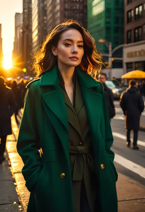 A woman, wearing a dark green coat, on the streets of Manhattan, with the golden hue of the sunset behind her. (best quality,4k,photography), detailed coat, bustling urban atmosphere, vibrant colors, evening light