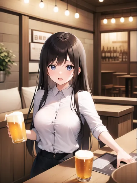 Young woman drinking beer from a mug at a pub。The woman is wearing a white blouse、Hair style with bangs。He is drinking beer and looking happy.。Other guests are sitting in the background.、You can feel the atmosphere of a lively izakaya.。