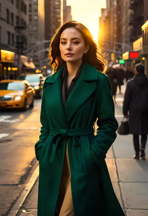 a woman, wearing a dark green coat, on the streets of manhattan, with the golden hue of the sunset behind her. (best quality,4k,...