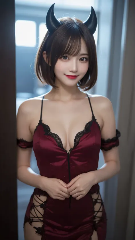 highest quality, shape, Very detailed, In detail, High resolution, 8k wallpaper, Perfect dynamic composition, Beautiful details, dress,(Very short hair), Center of chest, Natural color lip, Random sexy poses,smile,Woman with perfect body，Little devil succu...