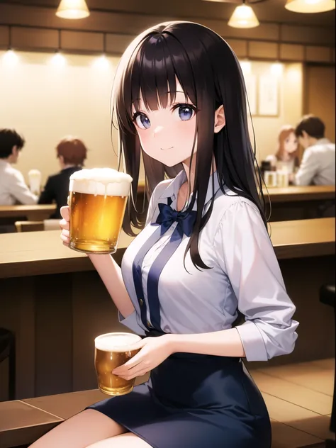 Young woman drinking beer from a mug at a pub。The woman is wearing a white blouse、Hair style with bangs。He is drinking beer and looking happy.。Other guests are sitting in the background.、You can feel the atmosphere of a lively izakaya.。