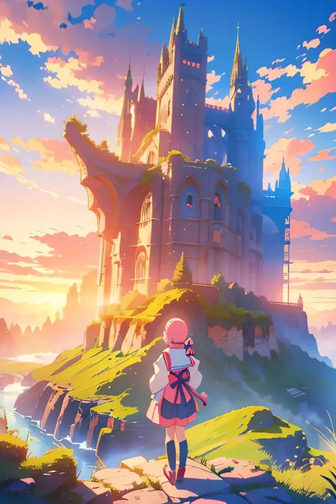 Fantasy Landscape　Beautiful anime girl from behind　Pink hair with twin tails　Princess　Shyness　Girls are displayed small