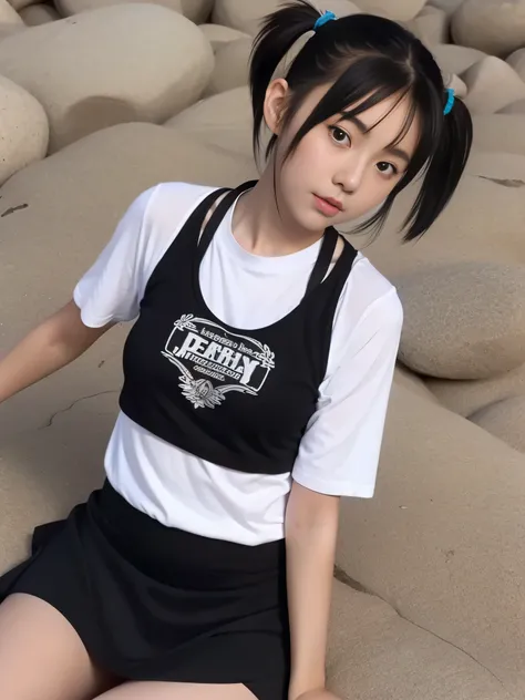 young，(mini skirt)，T-Shirts，Teenage Girls，Delicate body， body，Delicate body，，Small breasts，short，Black-haired，Twin tails，ponytail，Dry riverbed