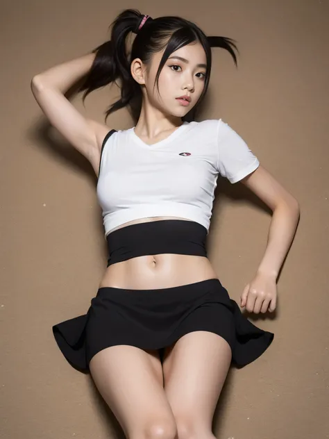 young，(mini skirt)，T-Shirts，Teenage Girls，Delicate body， body，Delicate body，，Small breasts，short，Black-haired，Twin tails，ponytail，Dry riverbed