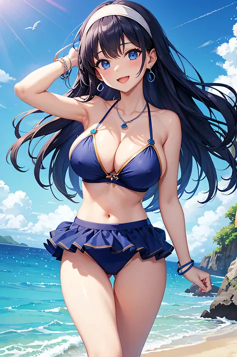 highest quality、highest quality、masterpiece、beautiful girl、Navy blue long hair、blue eyes、Navy Blue Bikini、Big cleavage、(Big Breasts),smile、blue necklace、Blue Earrings、background(Beach)、Dynamic pose、Please open your mouth wide、White headband、bracelet、Dynami...