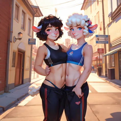 sheep, 2 girls, string panties, sports bra, pants pulled down, smirk, looking at the viewer, on the street, pussy juice, hands on chest