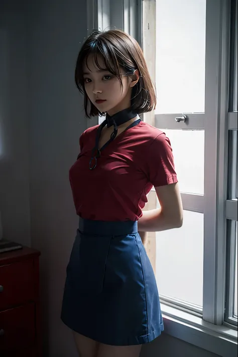 A cute girl is confined and tied up、A room with the lights on at night、Blue Skirt、Red short sleeve shirt、Are standing、The whole body from head to toe、Beauty、Age 25、Medium build、Outside the window is night、Like a photograph、