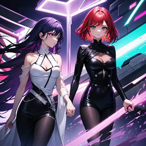 (Two persons) Adult woman with red hair and green eyes, long hair. (Elegant) Woman with purple hair, medium dark skin, short hair, gray eyes. Neon lights, futuristic