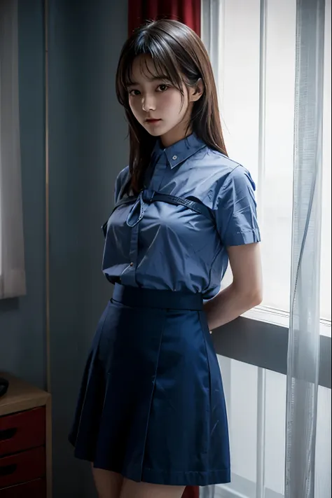 a cute girl is confined and tied up、a room with the lights on at night、blue skirt、red short sleeve shirt、are standing、the whole ...