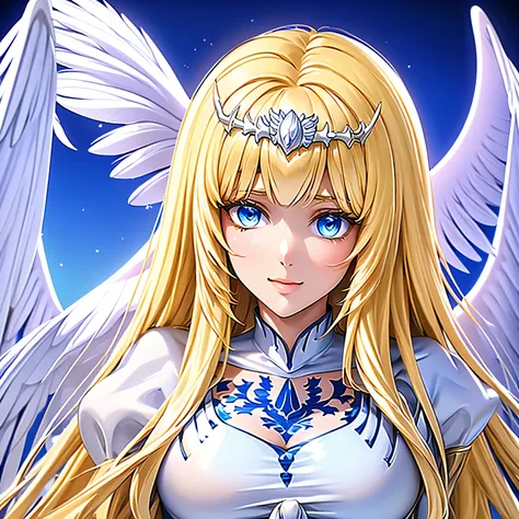 Masterpiece, Angel Girl, wings, white dress with feathers, close-up portrait, detailed face, a lot of feathers,  solo, Calca, Calca Bessarez, blonde hair, extremely long hair, very long hair, white tiara, silver tiara, white dress, blue eyes, medium chest,...