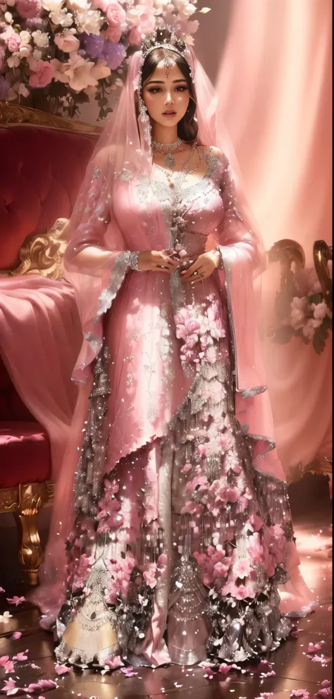 a woman in a pink and silver dress standing in front of a floral arrangement, wearing pink floral gown, royal gown, detailed masterpiece, full dress, full covered dress, adorned with precious stones, robe. extremely high details, intricate gown, full body ...