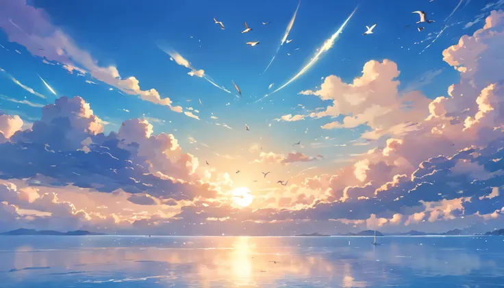 A very close up photo of a beautiful blue sky with floating clouds　A flock of swallows flying in the sky,create software, Diffuse Light. The background depicts a calm sea., The light of the moon and the sun reflected on the water .highest quality, Detailed...