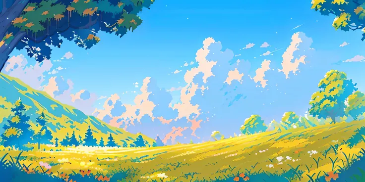 masterpiece,ultra detailed,best quality,animevibes,scenery,blurry,bright sky,outdoors,no humans,No artificial materials,No structure,day,Flower Field,grassland,summer,