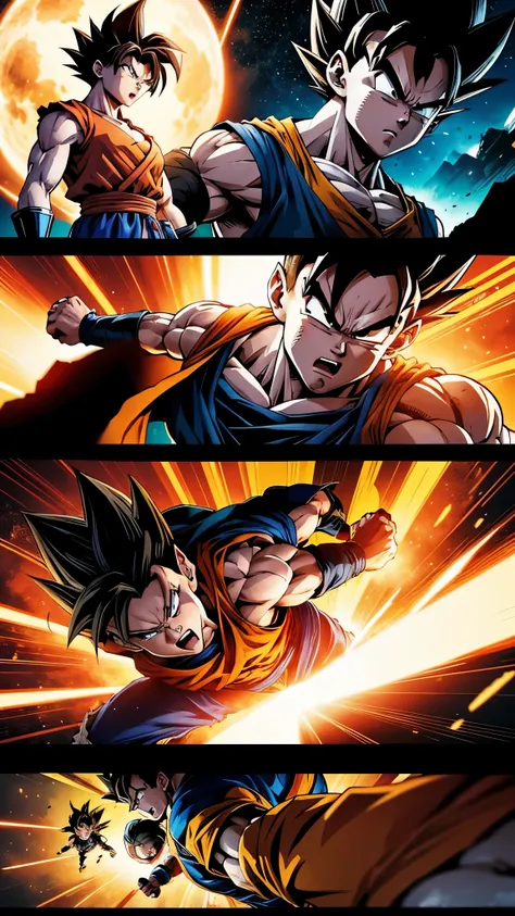 A dynamic comic strip featuring Goku and Super Saiyan Vegeta from Dragon Ball fighting an enemy. The comic has irregular tilted panels, each containing a unique story segment, starting from the top left to the bottom right. Panels sometimes overlap or are ...