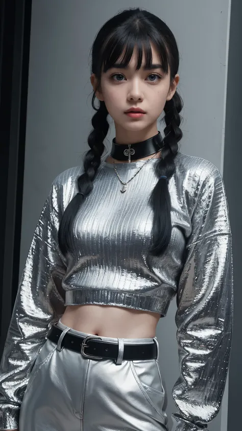 (Ultra-detailed eyes), (((textile shading))), (((Best Quality))), (((masterpiece))), (((Ultra realistic))), 45kg girl, little bit fat, light skin color,  sassy girl, chic girl, black pigtails hair with bangs,  futuristic hairstyle, Bambi Chainmail Crop Top...