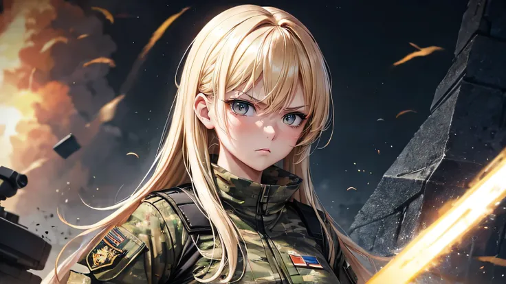 Camouflage military uniform,woman, Blonde, Angry expression,Blaida Star Piece, highest quality, highest quality, Official Art, beautifully、aesthetic:1.2), (One girl:1.3), (Fractal Art:1.3),