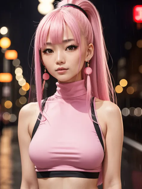 A close-up portrait of a Chinese girl. wearing a fitted turtleneck crop top. Small breasts. Long pink hair with bangs and ponytail. Earrings. Pink lips.  Sexy gaze. On a rainy night in the street. 