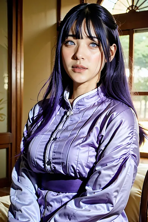 1girl, hyuga hinata, purple hair, white eyes, long hair, purple clothes, realistic, ultra detail, indoor background