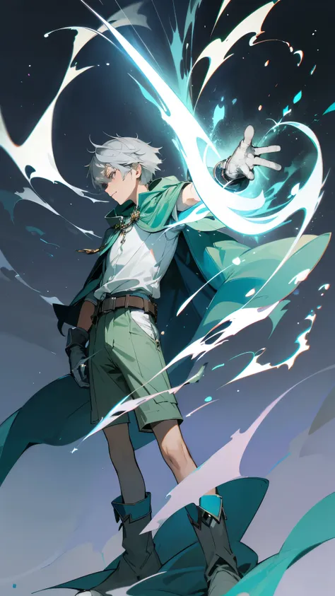 (good quality,realistic),young man,wizard,blue hood and cape,gray hair,gray eyes,white shirt,green shorts,boots,gloves,belt,