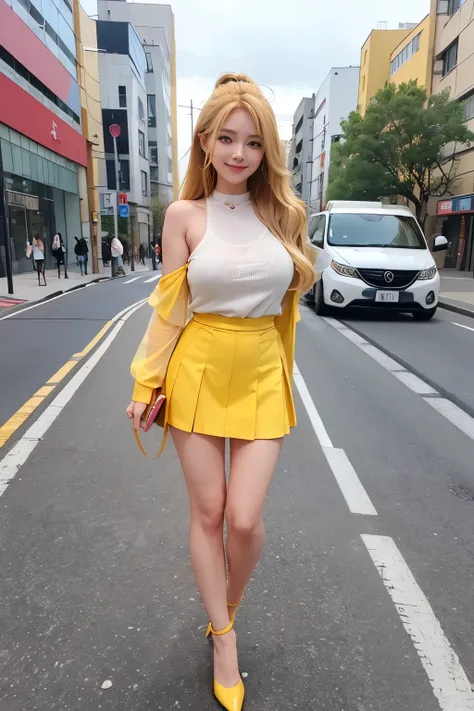 1 girl、big breasts、Yellow honey medium long blonde hair、Spring coordination、yellow tight miniskirt、normal high heels, Fukuoka street, 8K, Raw photo, highest quality, masterpiece,realistic, photo-realistic,the most beautiful face、model shoot、smile、Model pho...