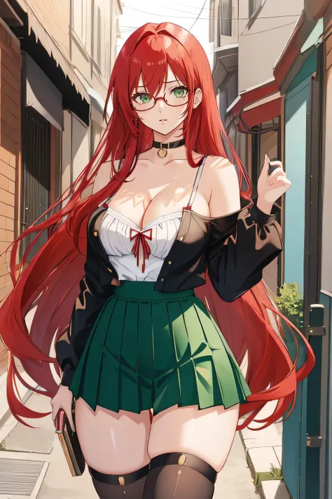 1girl, anime, long hair, red hair, green eyes, tight blouse, spaghetti strap, choker, large breasts, cleavage, partially open shirt, micro skirt, spandex shorts, pleated skirt, beauty mark, slim waist, glasses, standing, thighhigh socks, outdoors, night, b...