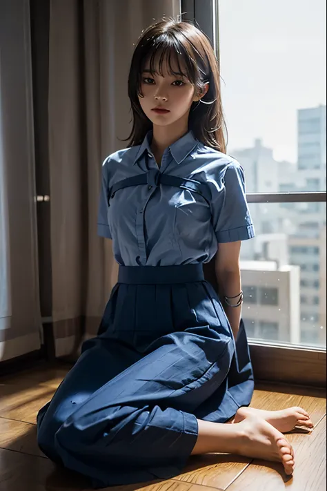 a cute girl is confined and tied up、a room with the lights on at night、blue semi-long skirt、red short sleeve shirt、sitting on th...