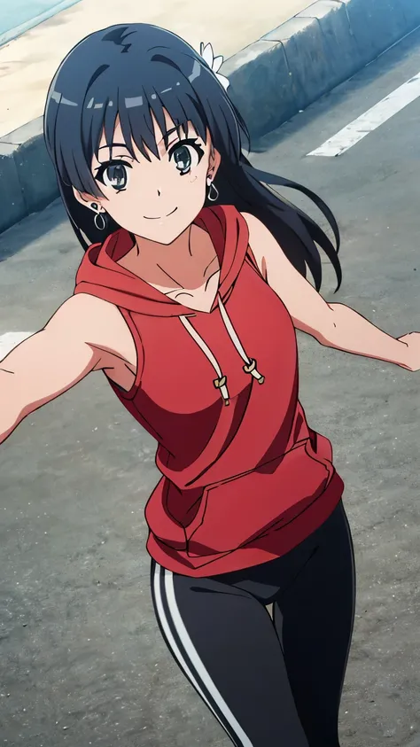 Pixel perfect, perfect detail, solo, one girl, Saten Ruiko, medium bust, (red hoodie, open hoodie, exposed shoulders and arms, tank top, leggings, earrings,smiling), dynamic angle, looking at the audience, centered image, cowboy shot,