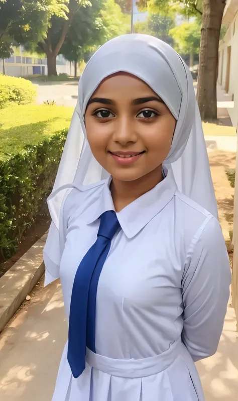 beautiful cute hijabi school girl  , wearing white frock and tie, looking happy at the school . realistic, hyper realistic