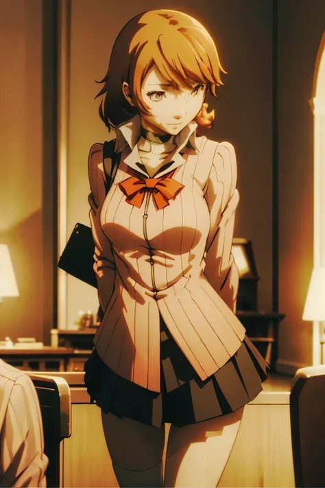 yukari takeba, (((short skirt))), ((classroom)), smirk, dark lighting, upskirt, (((low camera angle)))