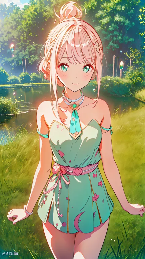 (((pearl pink hair,emerald pupils))),((beautiful and detailed)),(blushing), (geometric:1.1),(((on grassland,bubbles,farmland))),...