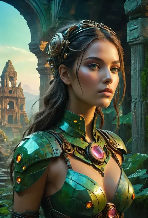 (best quality,4k,8k,highres,masterpiece:1.2),ultra-detailed,realistic:1.37,a beautiful cyborg girl standing in the ruins of the Inca Empire,Insertion,metallic body,glowing cybernetics,graceful facial features,mysterious eyes,cybernetic enhancements,etherea...