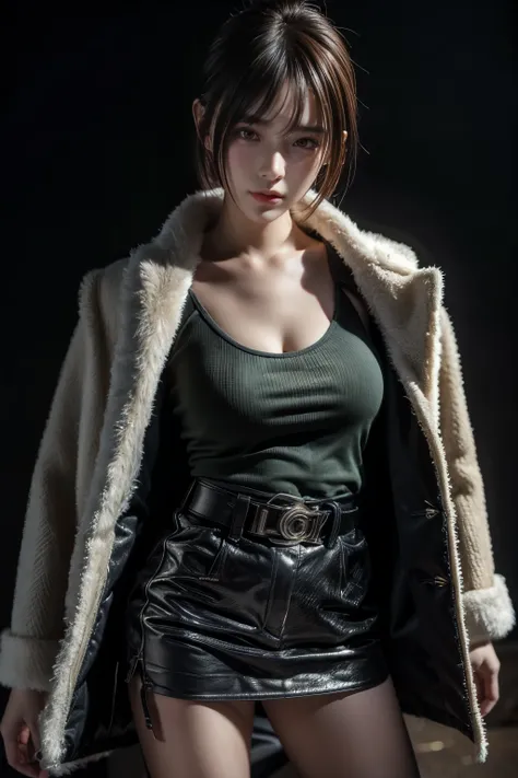 there is a woman with a fur coat and a belt, anime girl in real life, photorealistic anime girl render, ig model | artgerm, fubuki from one punch man, green hime cut hair, with short hair, realistic artstyle, masayoshi suto and artgerm, 8k, High quality im...