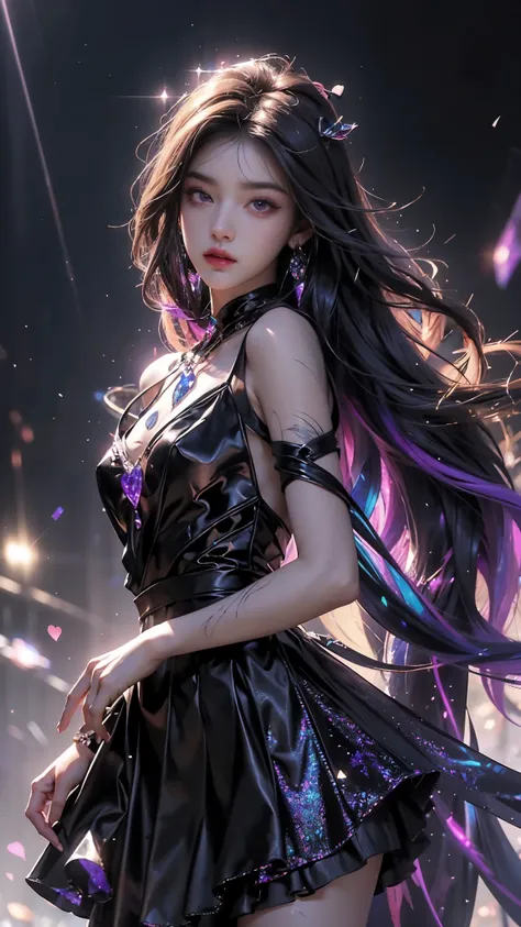 4K, UHD, masterpiece, Best quality, 1 girl, detailed face, detailed eyes, realistic Eyelid, Kda, Alone, very Long hair, small breasts, ((black dress)), ankle-length skirt, looking at viewert, Multicolored glowing crystals, heart sparkle, glowing sparkle, b...