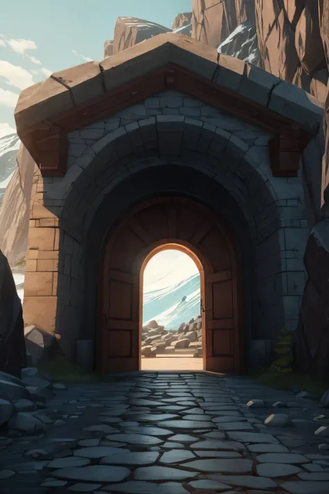 Entrance of prison, set in rocky tundra island 