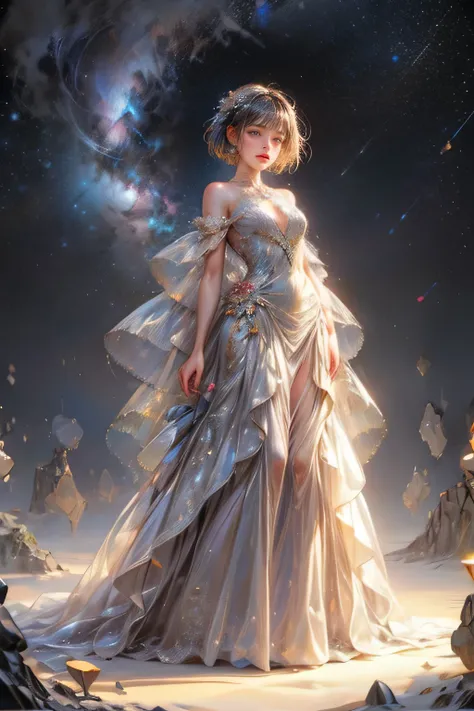 multiple exposure, raw photo:1.2, masterpiece, highest quality, 16k, unbelievably absurd, very detailed, perfect beauty, (starry sky), (milkyway), (sunset sand beach), (fairy), (girls standing silhouette:1.2), (ballgown evening dress), (flowers tattoos), b...