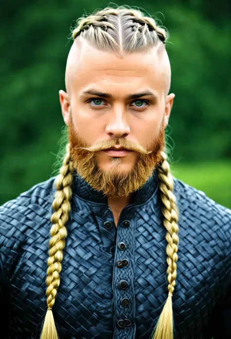 um viking, louro dos olhos verdes, barba loira puxada pro ruivo, grande, blonde hair shaved on the sides and braided hair in the middle of the head, casado de pele, e coroa de rei