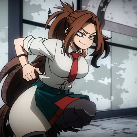 1girl, big breasts, long hair, brown hair, red eyes, smirk, gray jacket, red tie, white shirt, teal skirt, boots, blaze