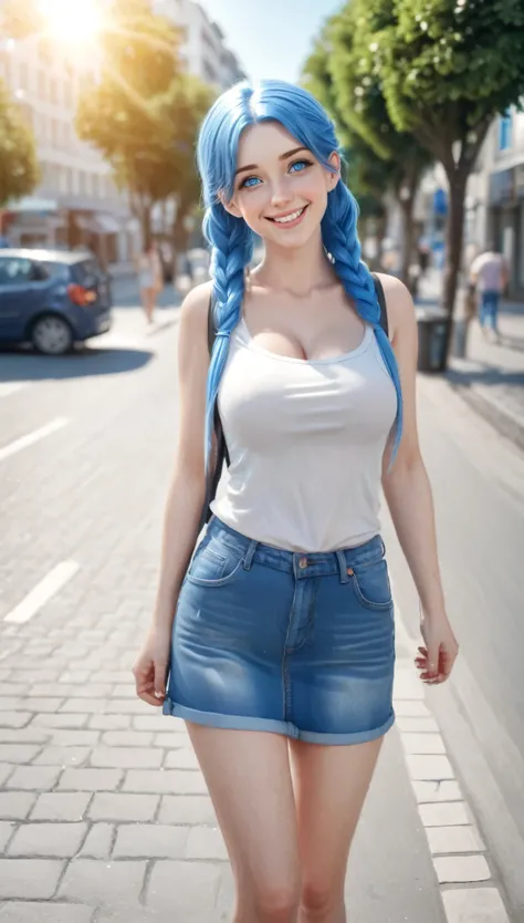 a beautiful smiling woman that is standing in the street, photo realistic, blue twintail hair and blue eyes, hot with shining sun, large breast, sandals, ((full body:1.5)), wide angle shot