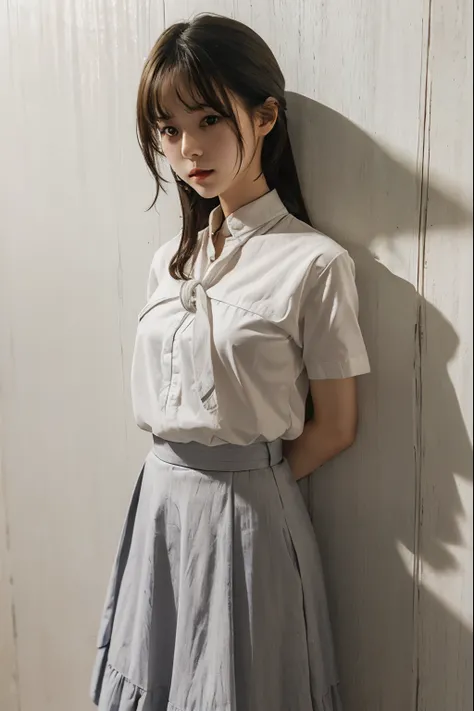 A cute girl is confined and tied up、Beauty、Make your eyes even、My hands are tied with ropes、Inside the room、White semi-long skirt、Red short sleeve shirt、Standing in front of a wall、Age 25、Medium build、Like real life、highest quality、