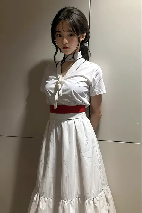 A cute girl is confined and tied up、Beauty、Make your eyes even、My hands are tied with ropes、Inside the room、White semi-long skirt、Red short sleeve shirt、Standing in front of a wall、Age 25、Medium build、Like real life、highest quality、